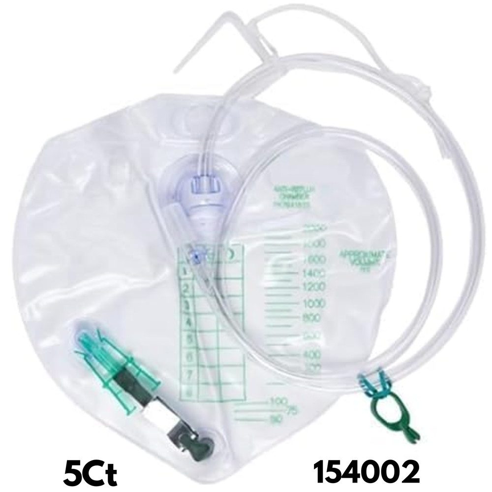 Urinary Drainage Bag w/ Anti-Reflux Chamber Large 2000ml Capacity 5Ct 154002