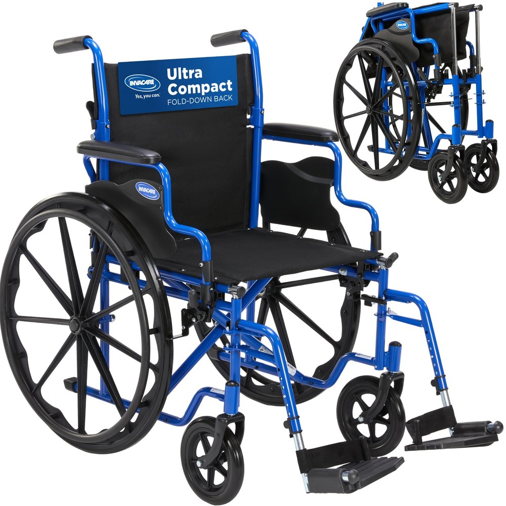 Invacare Folding Wheelchair with 18″ Seat, Removable Arms, Footrests – Blue