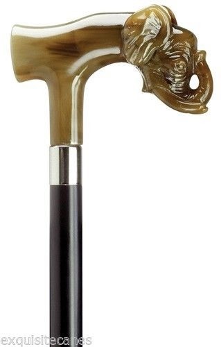 New Made in Italy Faux Horn Elephant Head Hardwood Tapered Shaft Walking Cane