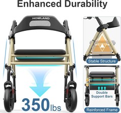 Foldable Rollator Walker with Seat for Seniors, 16″ Enlarged Seat | 8″ Wheels, 1