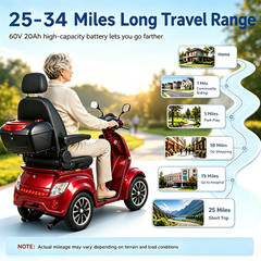 Heavy Duty 1000W 4-Wheel Electric Mobility Scooter 60V 3-Speed 500lbs Load Red