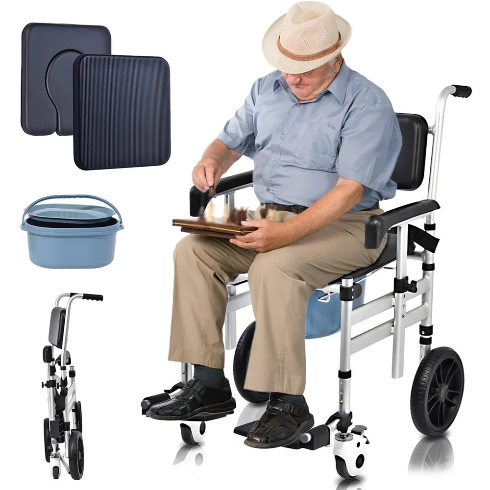 4-in-1 Shower Chair Wheelchair Padded Commode Foldable Adjustable Elderly Black.