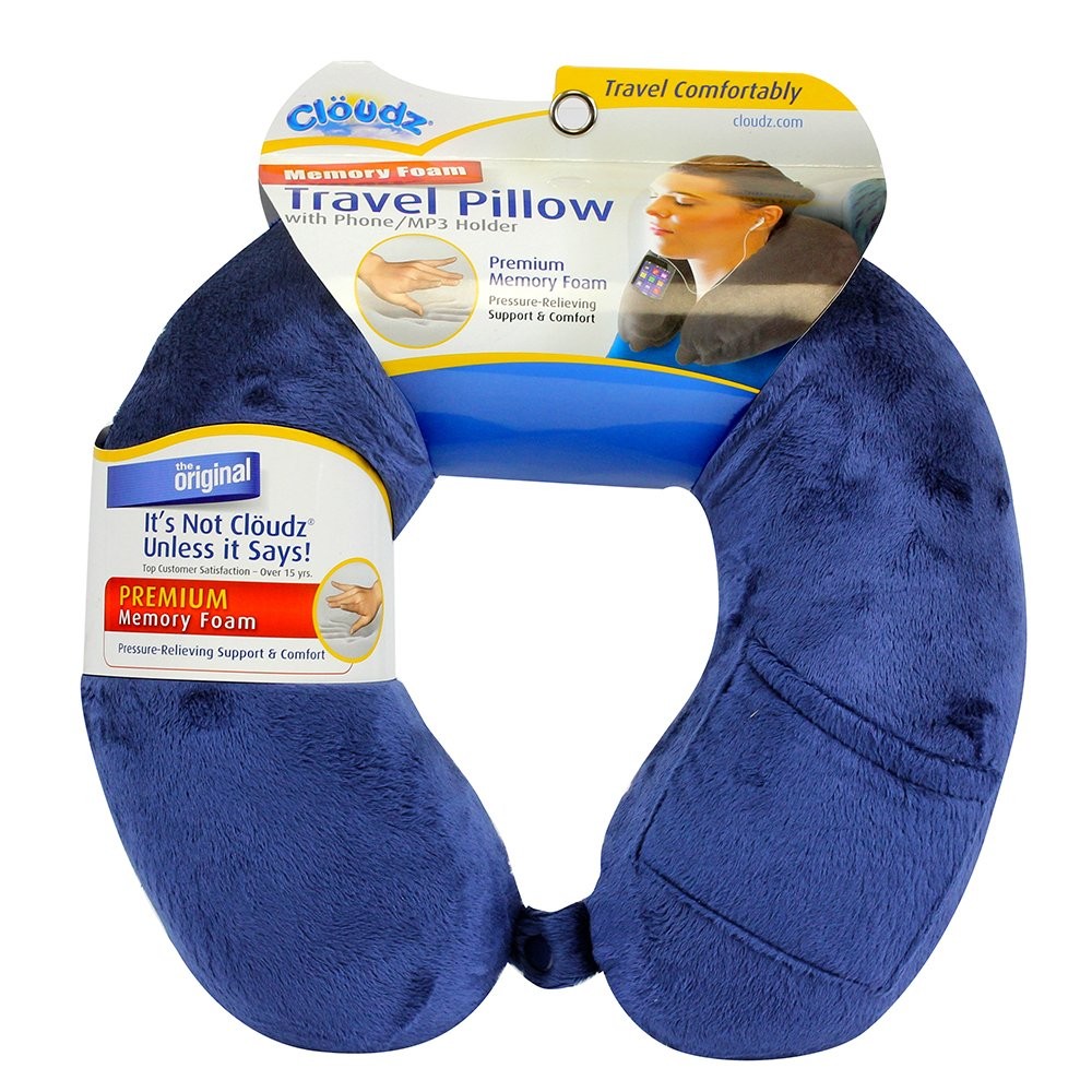Cloudz Memory Foam Travel Neck Pillow with 12.6″ L x 4.33″ H x 12.25″ W, Blue