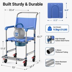 Bedside Commode with 4 Wheels Shower Chair Portable Toilet for Elderly 330LB