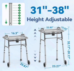 Folding Walker w/ Tray & 5″ Wheels, Adjustable Lightweight Walker, Silver