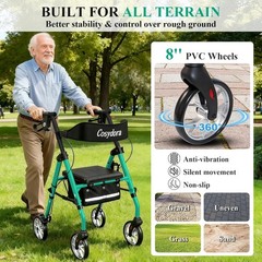 Cosydora HW-R402KD Rollator Walker with Seat, 15 lb Lightweight 8″ Wheels, Green