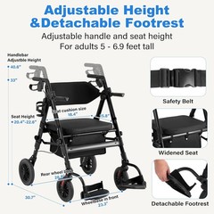 Walker Wheelchair, 2 in 1 Rollator Transport Chair, 10″All Terrain Wheels, 450lb
