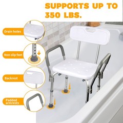 Heavy Duty Shower Chair with Arms and Back 350lbs Adjustable Bath Seat White