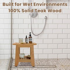Compact Teak Shower Bench with Storage Shelf – Waterproof & Non-Slip Seat