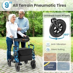 Rollator Walker & Wheelchair, 308lb Capacity, Adjustable Height, Black