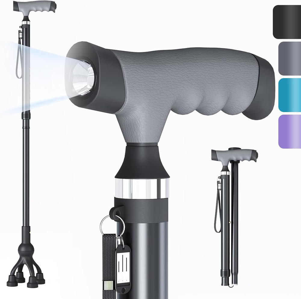 Walking Cane with LED Light for Seniors Men Women, Adjustable Folding Canes for