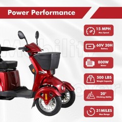 Heavy Duty 4-Wheel Mobility Scooters 31 Miles 3-Speed 800W 500lbs Capacity