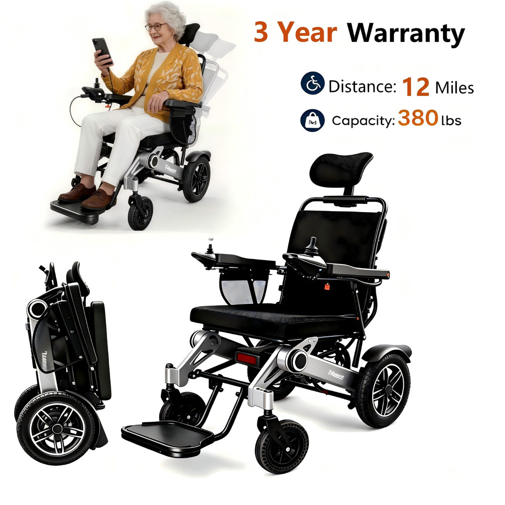 Foldable Electric Wheelchairs 80lb Reclining Motorized 15Miles Adjustable Height