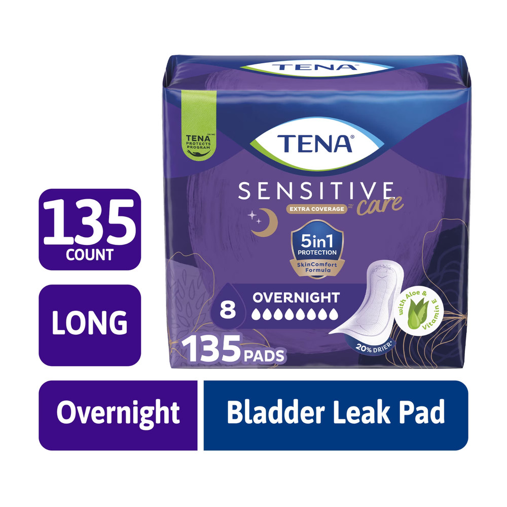 TENA Sensitive Care Overnight Incontinence Pads Extra Coverage Heavy Leak 135ct