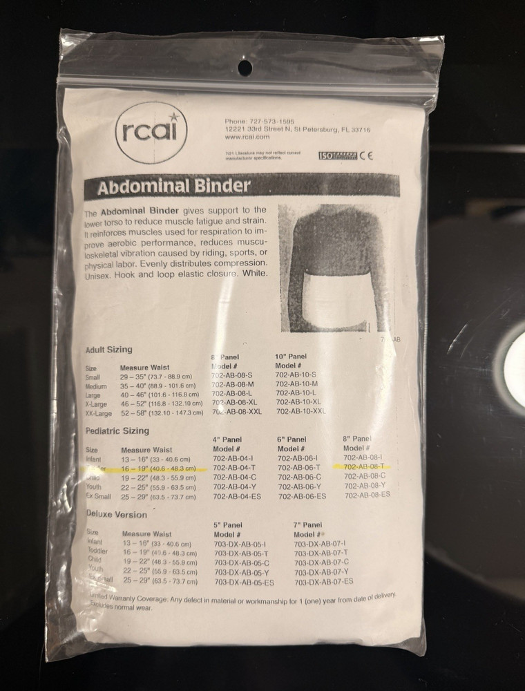 RCAI Abdominal Binder Brace 702-AB-8-T White 16-19in ISO CE Elastic Compression