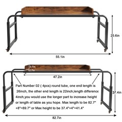 Overbed Table with Wheels, Modern Style, Brown, 55.1-82.7×25.6×18.1 inches, 3…