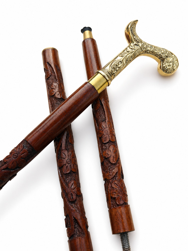 Antique Style Floral Brass Handle with 36in Carved Wood Walking Cane Collapsible