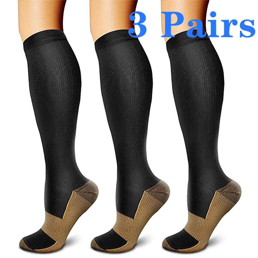 (3-Pairs) No Zipper Closed Toe 20-30 mmHg Zipper Compression Socks (2XL) Beige