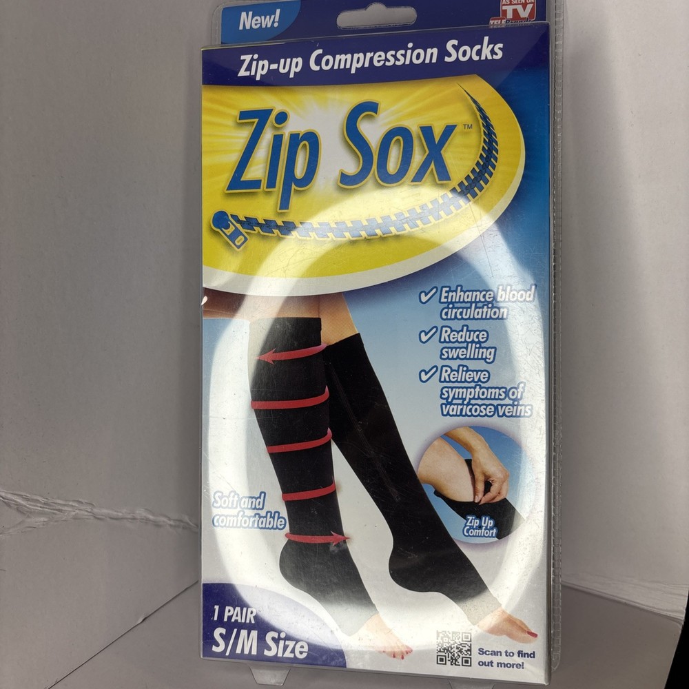 Zip Sox Zip-Up Compression Stockings Socks Black S/M Small Medium 1 Pair NEW