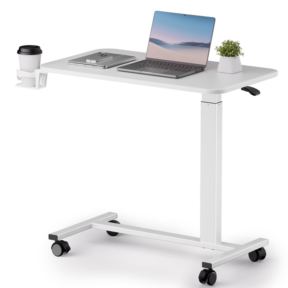 Adjustable Overbed Bedside Table with Lockable Wheels, Pneumatic Mobile Stand…