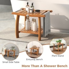 2-Tier Teak Wood Bath Storage Bench Shower Stool With Curved Seat and Handles