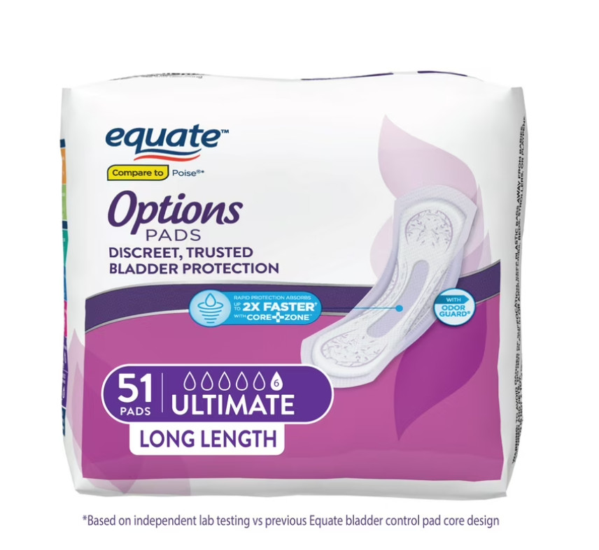 Equate Options Women’s Incontinence Pads, Long Length (102 Count)