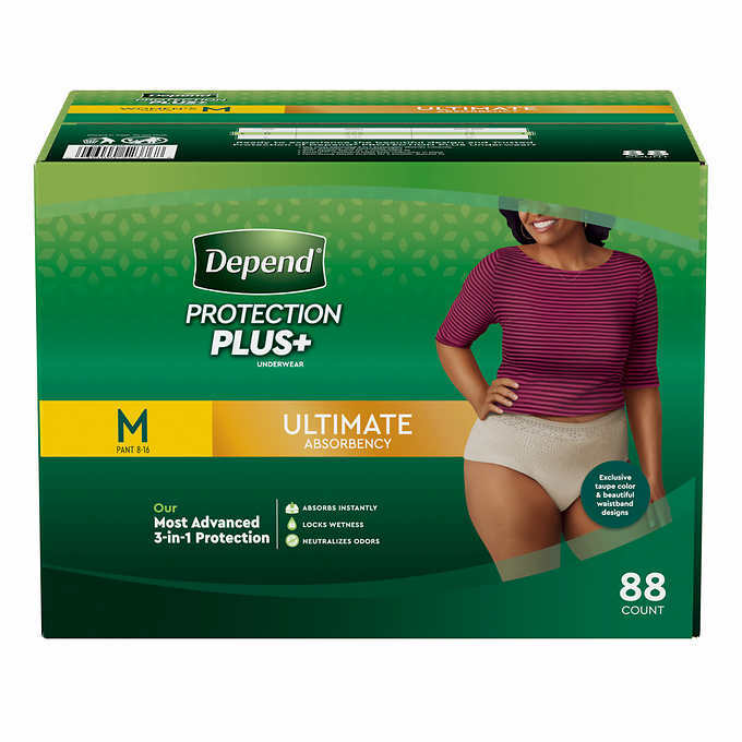 Women Medium Depends Protection Plus Ultimate Underwear 88-count:waist 31”-37