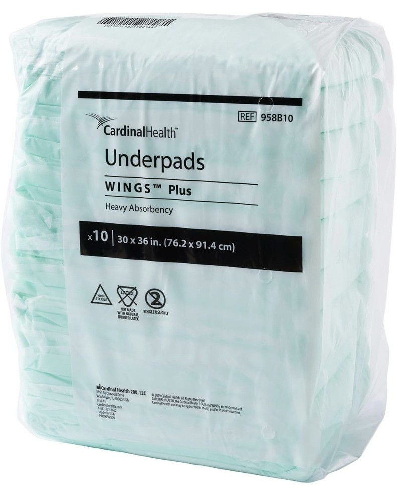 Cardinal Health 10pk Underpads Wings Basic 23×36 Pad Light Absorbency
