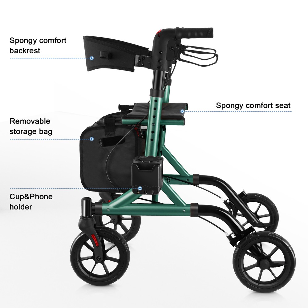 Rollator Walker w/Seat Folding Walker w/8inch Wheels Supports up to 300lbs Green