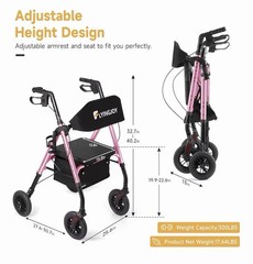 FlyingJoy Rollator Walker with Seat and Brakes Blue 300 lbs Adults Bariatric