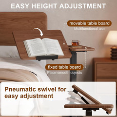 Solid Wood Overbed Bedside Table with Wheels, Tilting Adjustable Hospital Bed Ta