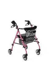 Medline Pink 4-Wheel Foldable Rollator w/ Seat, Handbrakes & Zebra Bag
