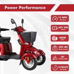 Heavy Duty 4-Wheel Mobility Scooters 31 Miles 3-Speed 800W 500lbs Capacity