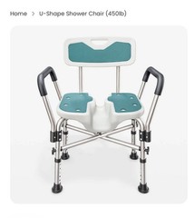 Shower Chair U-Shape Seat (450lb) Dark Blue Heavy Duty – Padded Armrests & Back