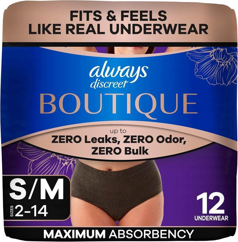 12-Count Always Discreet Incontinence Underwear SMALL/MEDIUM Black Protection