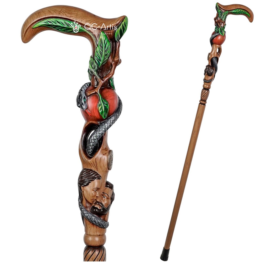Adam Eve Handpainted Walking stick cane Aple & Snake Wooden Hole Bible Christian