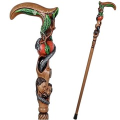 Adam Eve Handpainted Walking stick cane Aple & Snake Wooden Hole Bible Christian