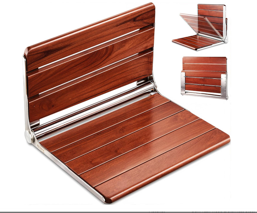 20″ Folding Dark Teak Wood Shower Seat-Wall Mounted Bench – BLEMISH