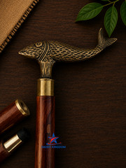 Solid Brass Fish Head Vintage Antique Wooden Walking Stick Cane handmade Gift