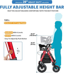 Heavy-Duty Rollator Walker with Seat, 12″ Front Wheels, Bariatric, Red