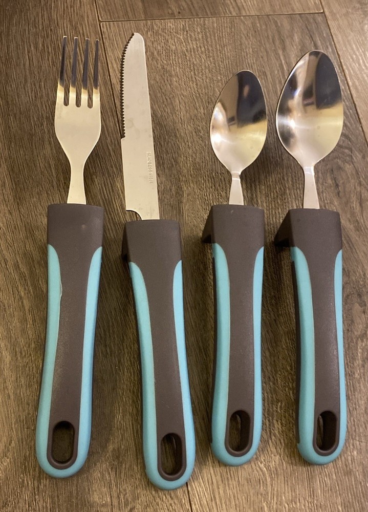 Special Supplies Adaptive Utensils 4 Pc Set UnWeighted NonSlip Handle Teal Gray