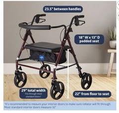 Medline MDS86800XWS Bariatric Steel Rollator Walker 500lb Padded Seat Burgundy