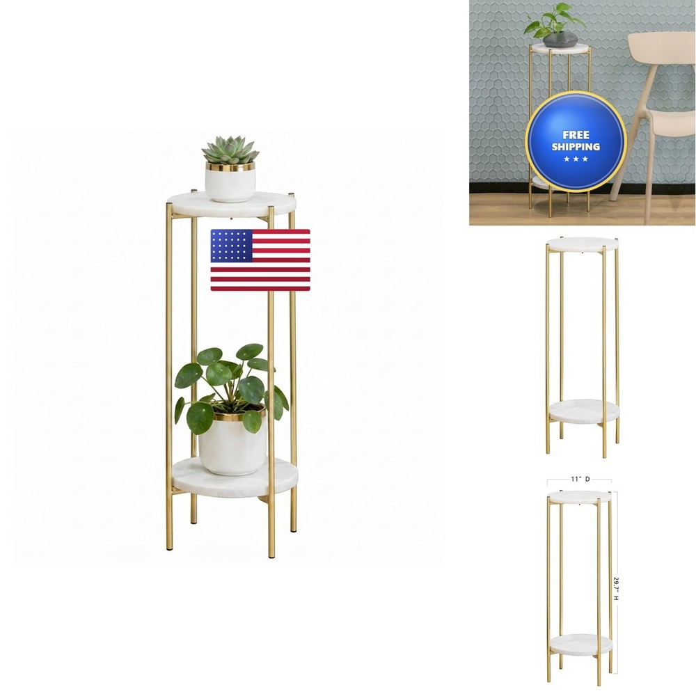 Alpome Gold Plant Stand – 2 Tier White Marble Top Side Table 29.5 Inch