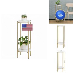 Alpome Gold Plant Stand – 2 Tier White Marble Top Side Table 29.5 Inch