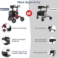 Walkers for Seniors, Rollator Walker with Seat, 4x 10″ Rubber Wheels All Terrain