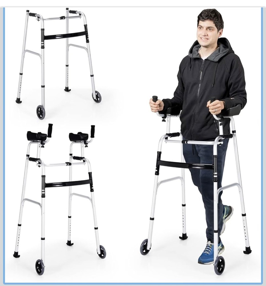 Folding Aluminum Alloy Wheel Walking Frame Adjustable Walker W/Armrest Support