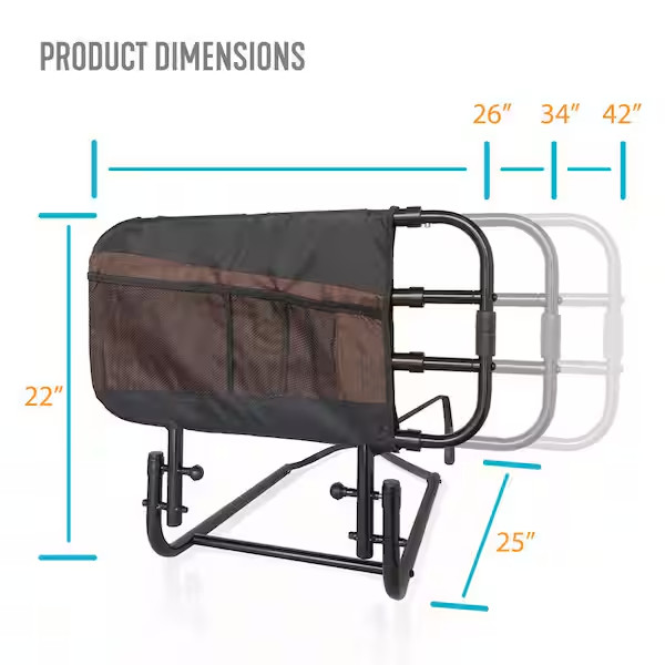 26 in. to 42 in. EZ Adjustable Bed Rail with Swing-down Safety Railing and Pouch