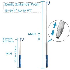 10 FT Telescoping Pickup Tool Magnetic Pole with Hook, Telescopic Push Pull R…