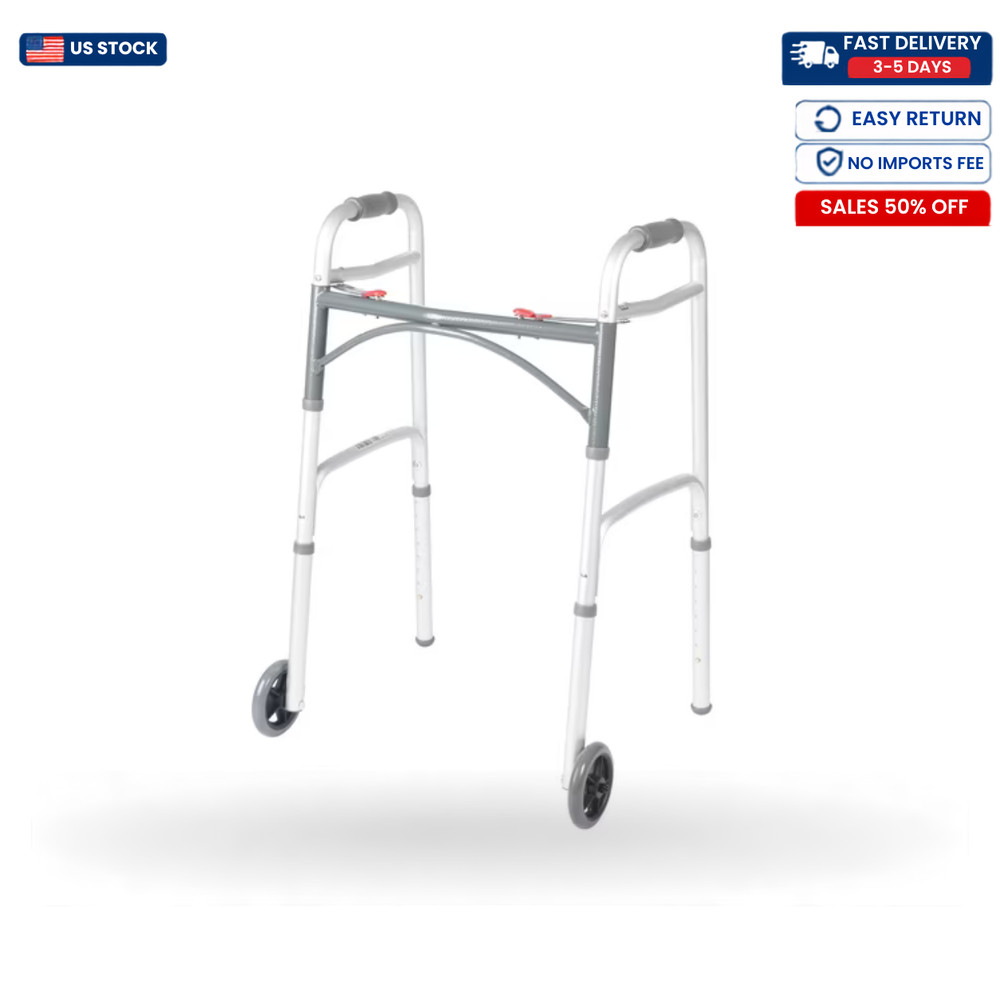 Drive 102101 Deluxe Two Button Folding Walker with 5 inch Wheels – Silver