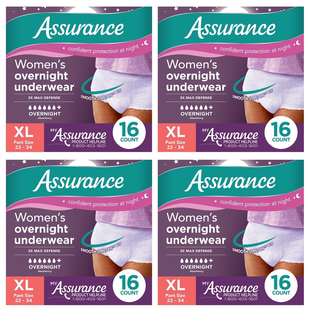 64 Count Assurance Women Incontinence Overnight Underwear Maximum Absorbency XL